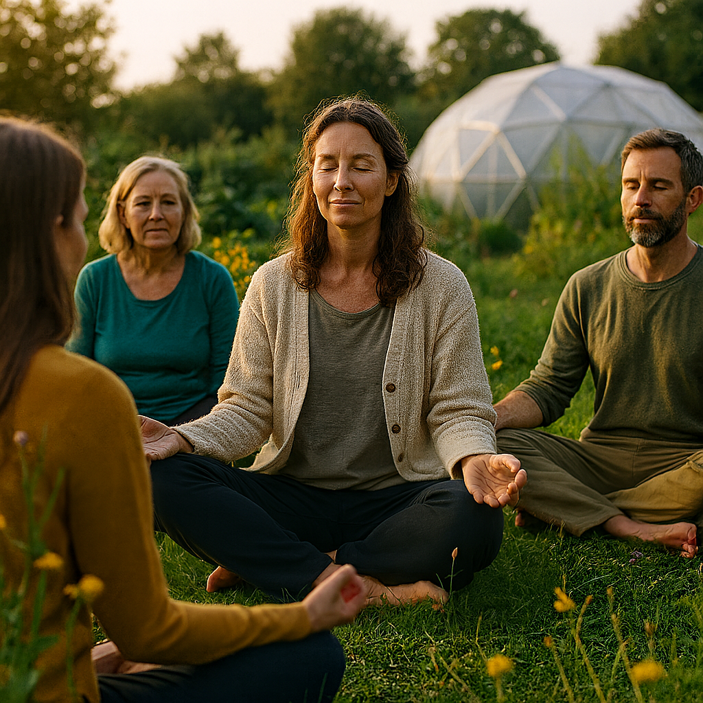 AI Generated image of participants during a Nature Therapy Course with a dome behind them