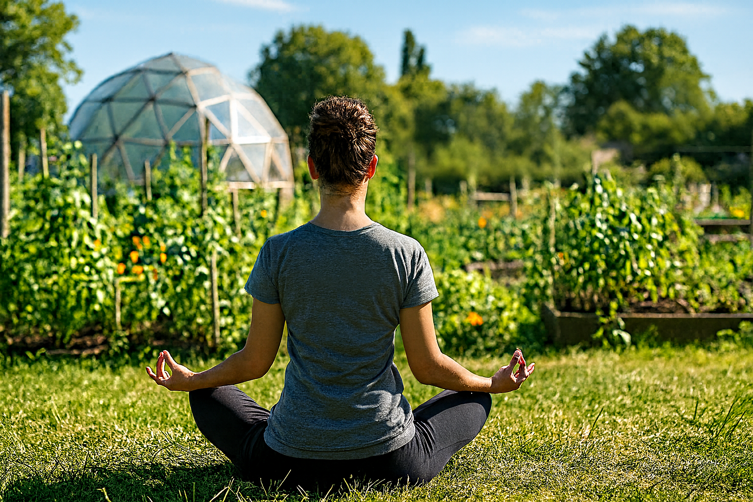 A serene, photorealistic picture of a woman meditating at the allotments in calm morning light